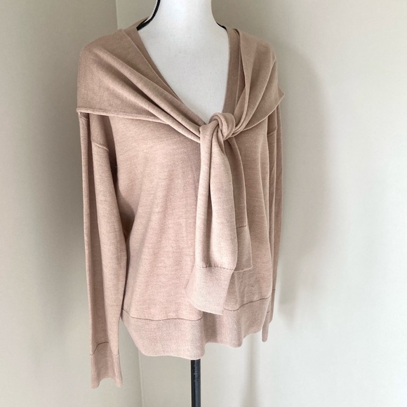 Veronica Beard LENI STRIPE TIE NECK MERINO WOOL SWEATER IN CAMEL Size L - Picture 4 of 9